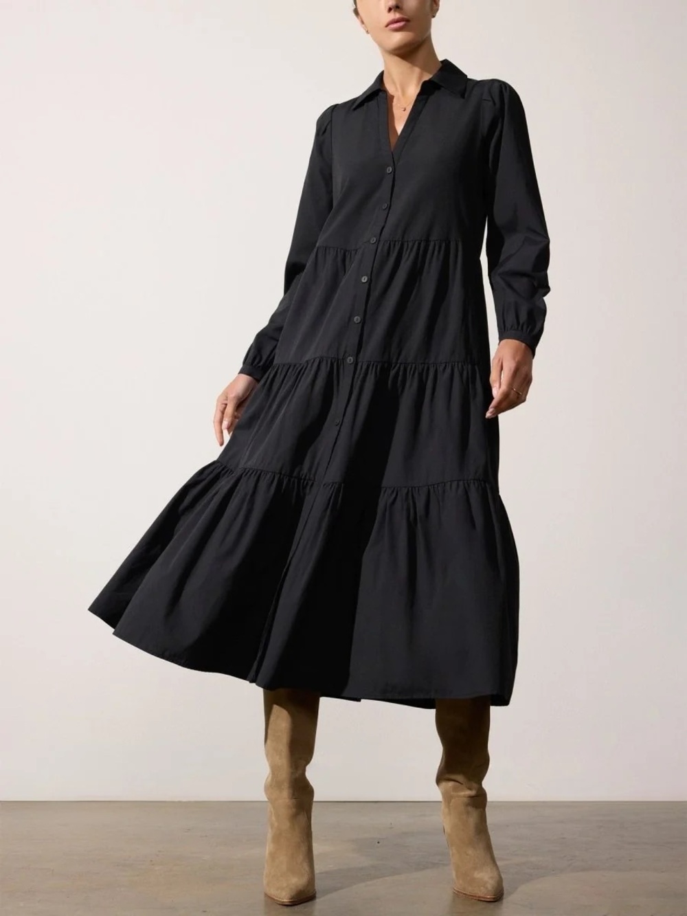 Brochu Walker The Long Sleeve Havana Tiered Midi Dress Black Onyx size XS Modest